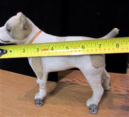 RARE ANTIQUE LATE 1800'S MOLDED CARDBOARD SPOTTED DOG W/GLASS EYES ON WHEELS